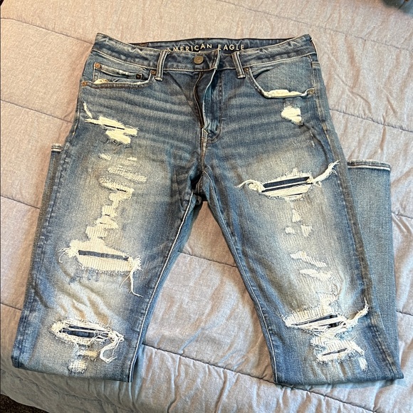 American Eagle Outfitters Men's Ripped Light Blue Skinny Jeans - Picture 1 of 5